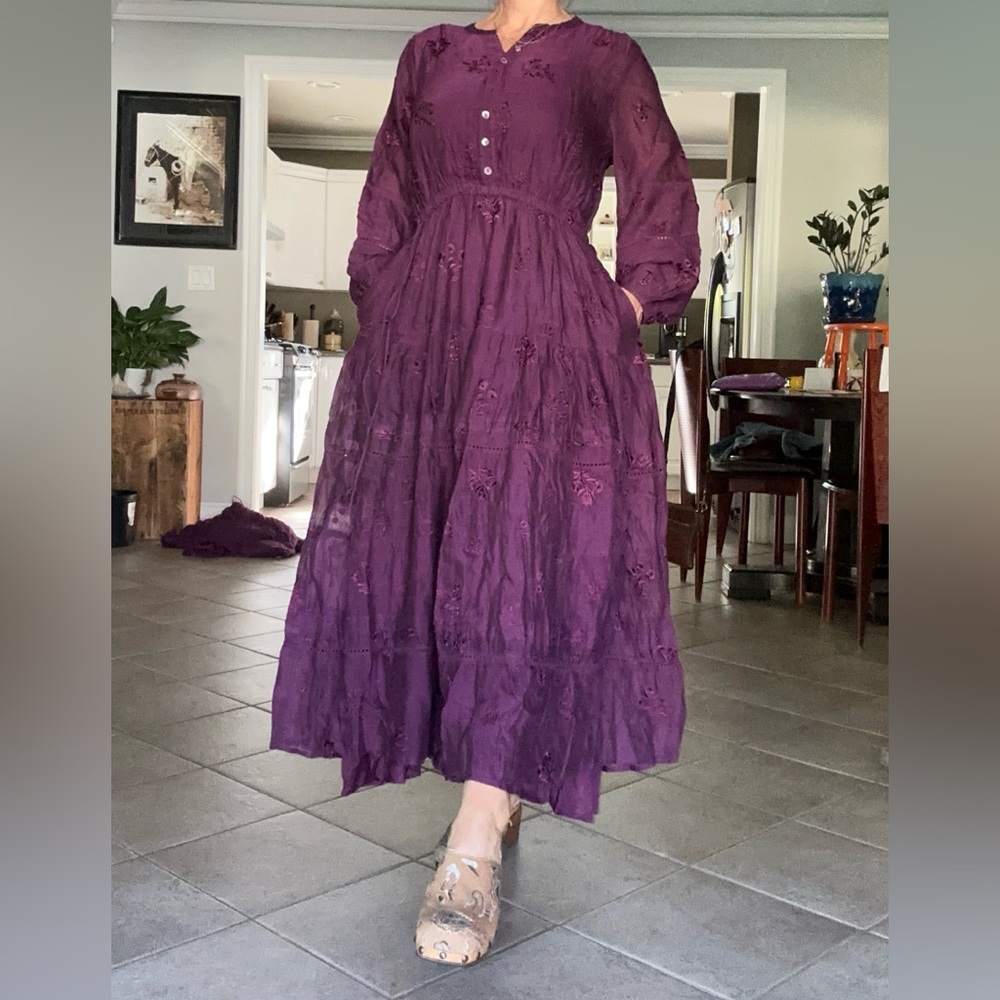 Sundance tiered embroidered dress maxi CottageCore boho gauzy slip lining XS